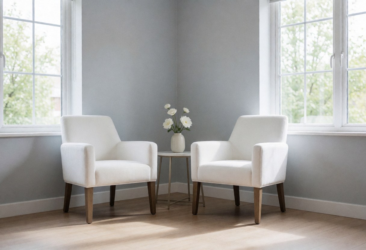 Salle de soins vide avec deux chaises blanches, une table fleurie, grandes fenêtres, murs gris et sol en bois clair.