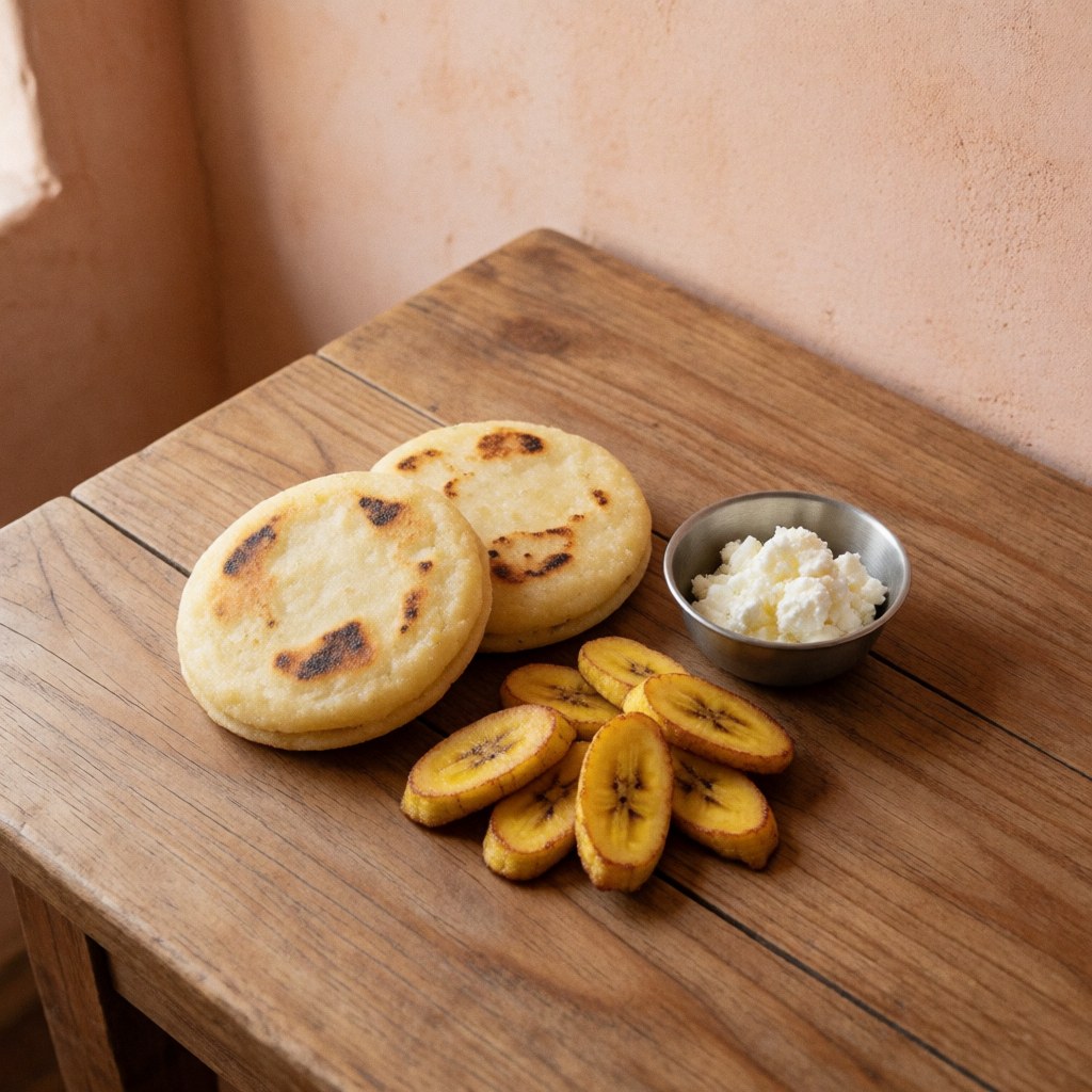 Des arepas croustillantes, des tranches de banane frite et du fromage disposés sur une table en bois devant un mur de terre cuite.
