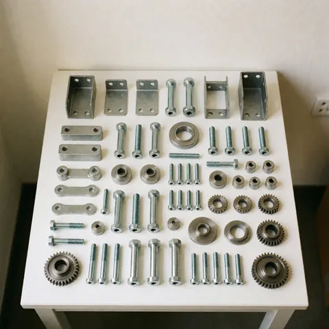 Vue de dessus de composants métalliques finis disposés avec ordre sur une surface blanche, incluant des brackets, des vis et des engrenages pour un catalogue industriel.
