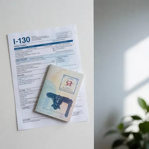 Formulaire I-130 et passeport portant un visa posés sur un bureau blanc éclairé par la lumière naturelle, adapté aux services juridiques.