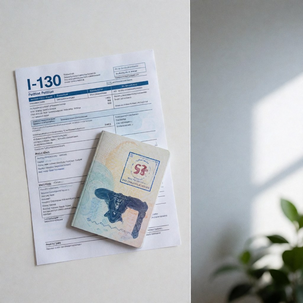 Formulaire I-130 et passeport portant un visa posés sur un bureau blanc éclairé par la lumière naturelle, adapté aux services juridiques.