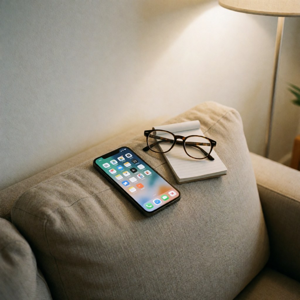 Un espace de travail confortable à la maison avec un smartphone, des lunettes et un cahier sur un canapé, évoquant l'apprentissage des langues.