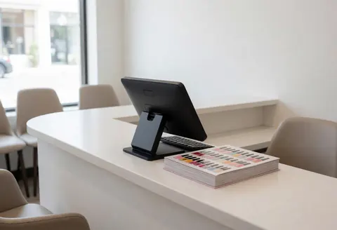 Réception lumineuse et ordonnée d'un salon de beauté avec point de vente, catalogue de vernis et sièges d'attente.
