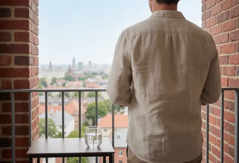 Un homme dos au balcon en briques rouges regarde la ville. Une table avec un verre d'eau. Ambiance calme et relaxante.