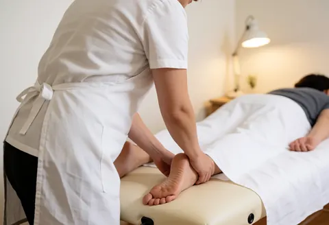 Un thérapeute applique un massage des pieds à un client dans un environnement calme avec une lumière chaude, sur une table de massage professionnelle.