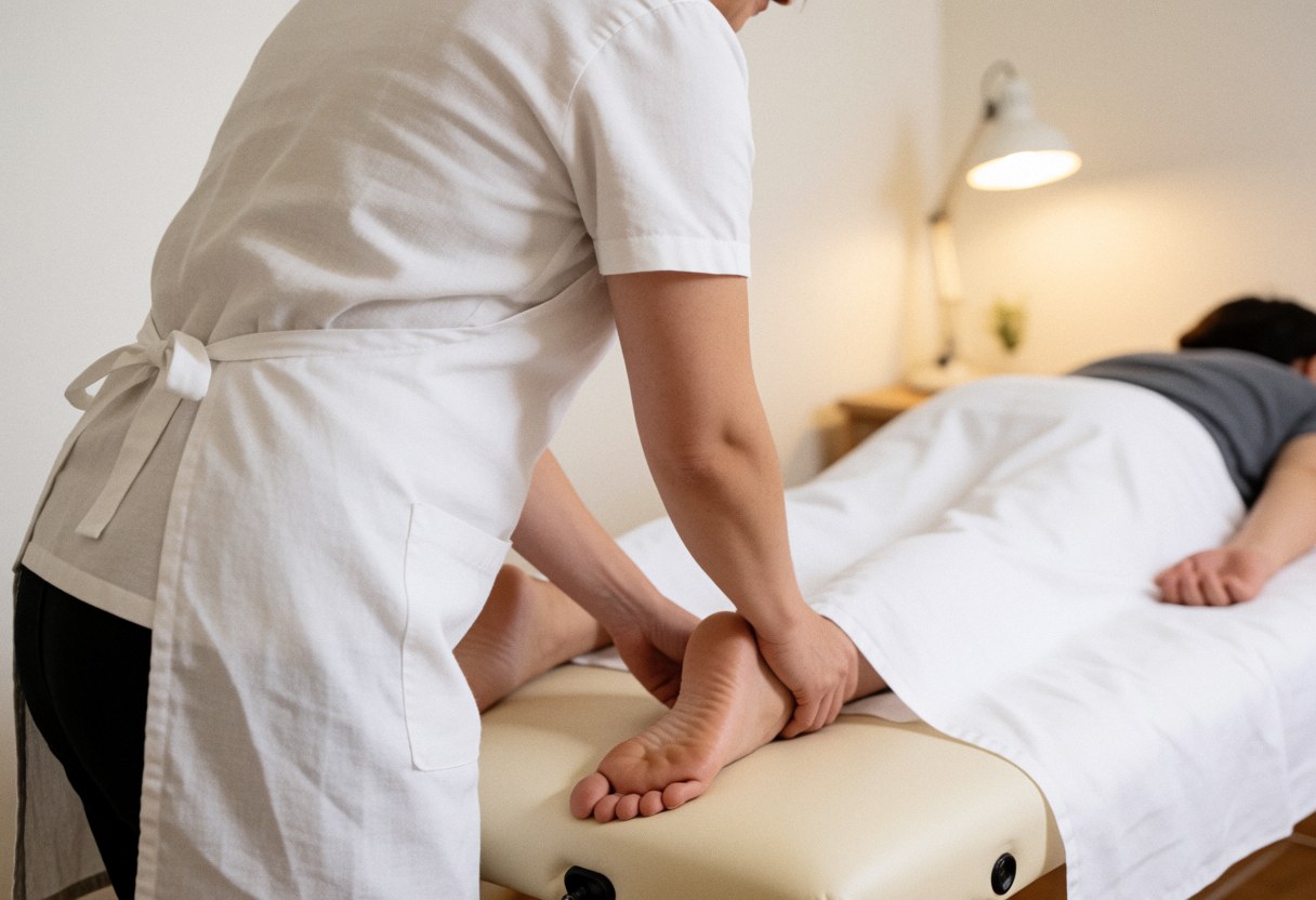 Un thérapeute applique un massage des pieds à un client dans un environnement calme avec une lumière chaude, sur une table de massage professionnelle.