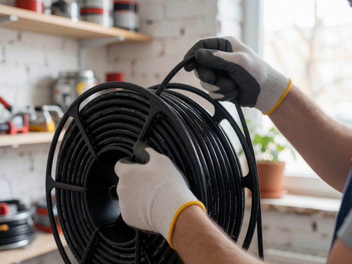 Gros plan sur un câble électrique noir épais enroulé sur une bobine, manipulé par des mains gantées dans un contexte de bricolage ou d'installation professionnelle.