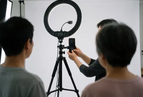 Un photographe professionnel règle un anneau lumineux sur trépied dans un studio à fond blanc, tandis que deux personnes observent depuis l'arrière-plan.