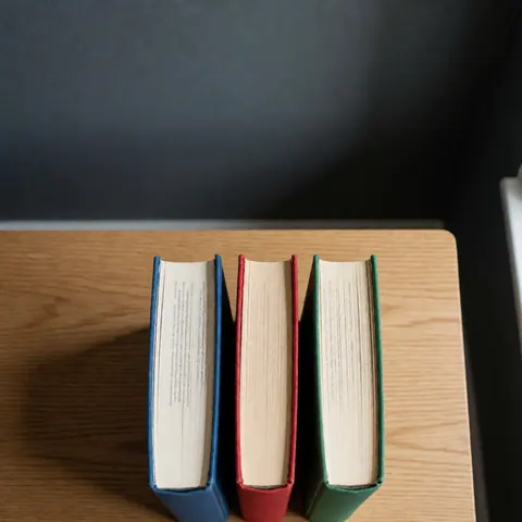 Vue de dessus d'une collection de livres bilingues disposés sur une table en bois devant un mur gris, évoquant l'éducation et l'apprentissage des langues.