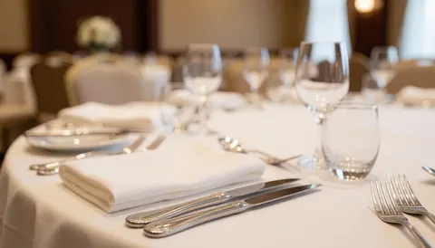 Mise en table raffinée pour événement professionnel avec nappe blanche, couverts argentés et verrerie sur fond flou.