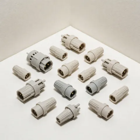 Plusieurs connecteurs électriques en plastique neutre et câblage disposés sur une surface blanche, adaptés aux projets de construction et d'électricité résidentielle.