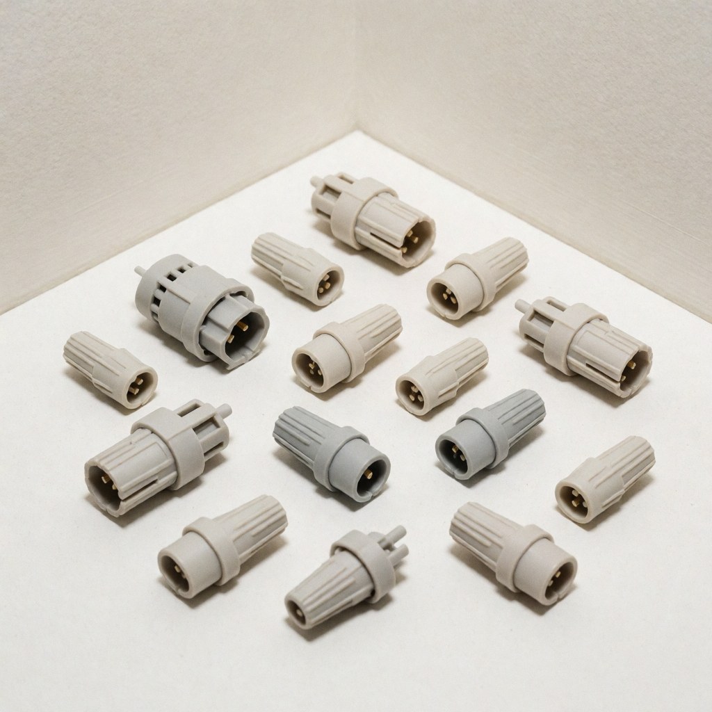 Plusieurs connecteurs électriques en plastique neutre et câblage disposés sur une surface blanche, adaptés aux projets de construction et d'électricité résidentielle.