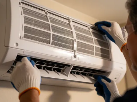 Un technicien portant des gants et des lunettes de sécurité nettoie le filtre d'un climatiseur blanc dans une pièce éclairée par une lumière chaude.