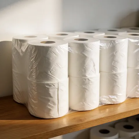Plusieurs rouleaux de papier hygiénique blanc emballés dans du plastique sont disposés sur une étagère en bois dans un magasin d'épicerie.