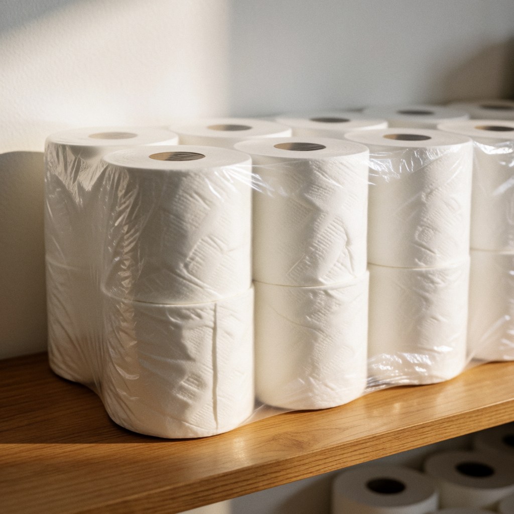 Plusieurs rouleaux de papier hygiénique blanc emballés dans du plastique sont disposés sur une étagère en bois dans un magasin d'épicerie.