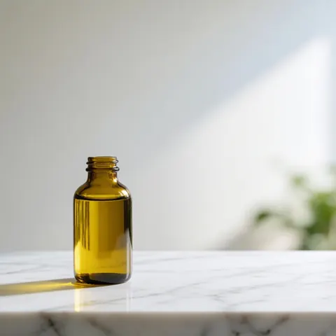 Un flacon d'huile d'avocat posé sur un comptoir en marbre blanc, éclairé par la lumière naturelle avec un fond minimaliste.