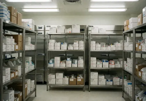 Vue intérieure d'un entrepôt organisé contenant des étagères remplies de boîtes, de réfrigérateurs et de divers matériaux médicaux.