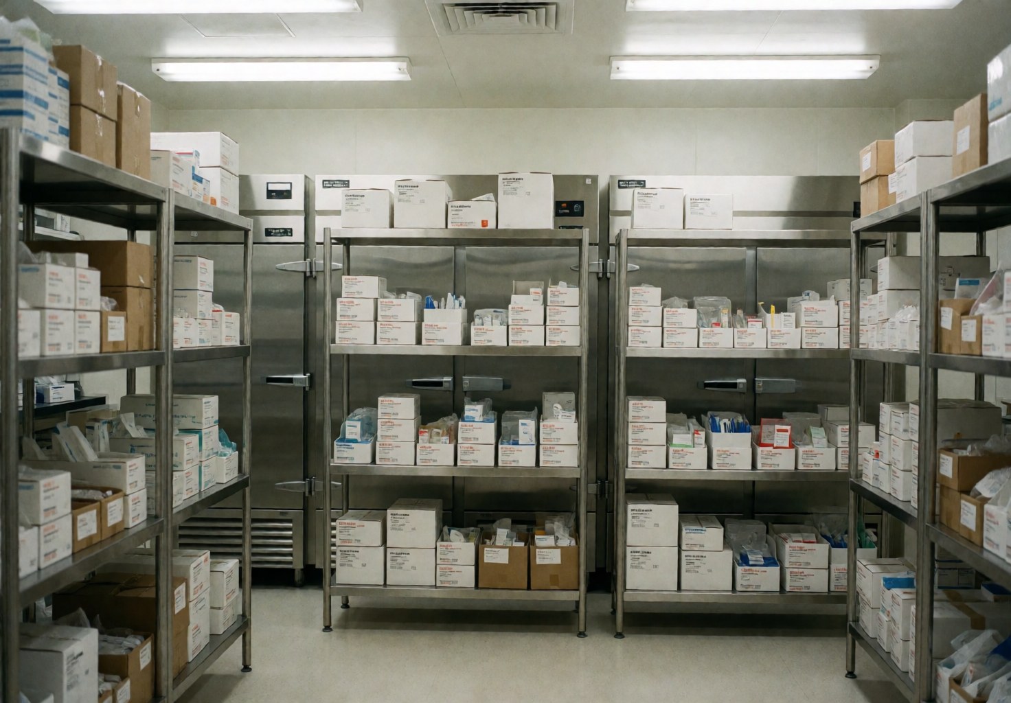 Vue intérieure d'un entrepôt organisé contenant des étagères remplies de boîtes, de réfrigérateurs et de divers matériaux médicaux.