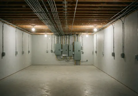 Espace commercial vide avec plafond en bois, câblage apparent et tableau de distribution prêts pour l'installation électrique.