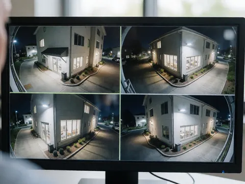 Moniteur d'ordinateur montrant quatre flux vidéo de caméras de sécurité nocturnes couvrant un bâtiment. Idéal pour les entreprises de surveillance et de sécurité privée.