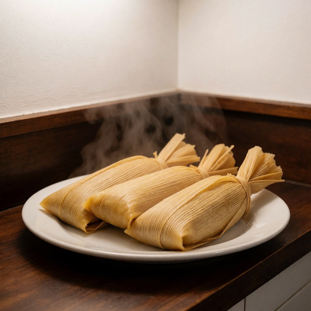 Des tamales chauds fumants présentés sur un plateau blanc posé sur un comptoir en bois, mettant en valeur la nourriture traditionnelle mexicaine.