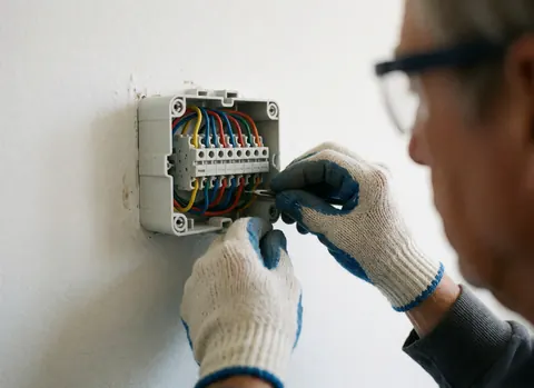 Un électricien portant gants et lunettes de sécurité manipule des câbles colorés dans une boîte blanche, illustrant un travail professionnel et précis.