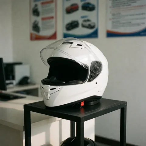Un casque de moto blanc posé sur un bureau en bois dans un intérieur avec lumière naturelle.