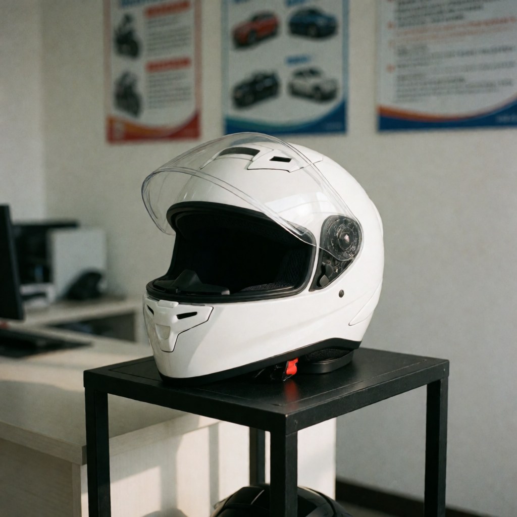 Un casque de moto blanc posé sur un bureau en bois dans un intérieur avec lumière naturelle.