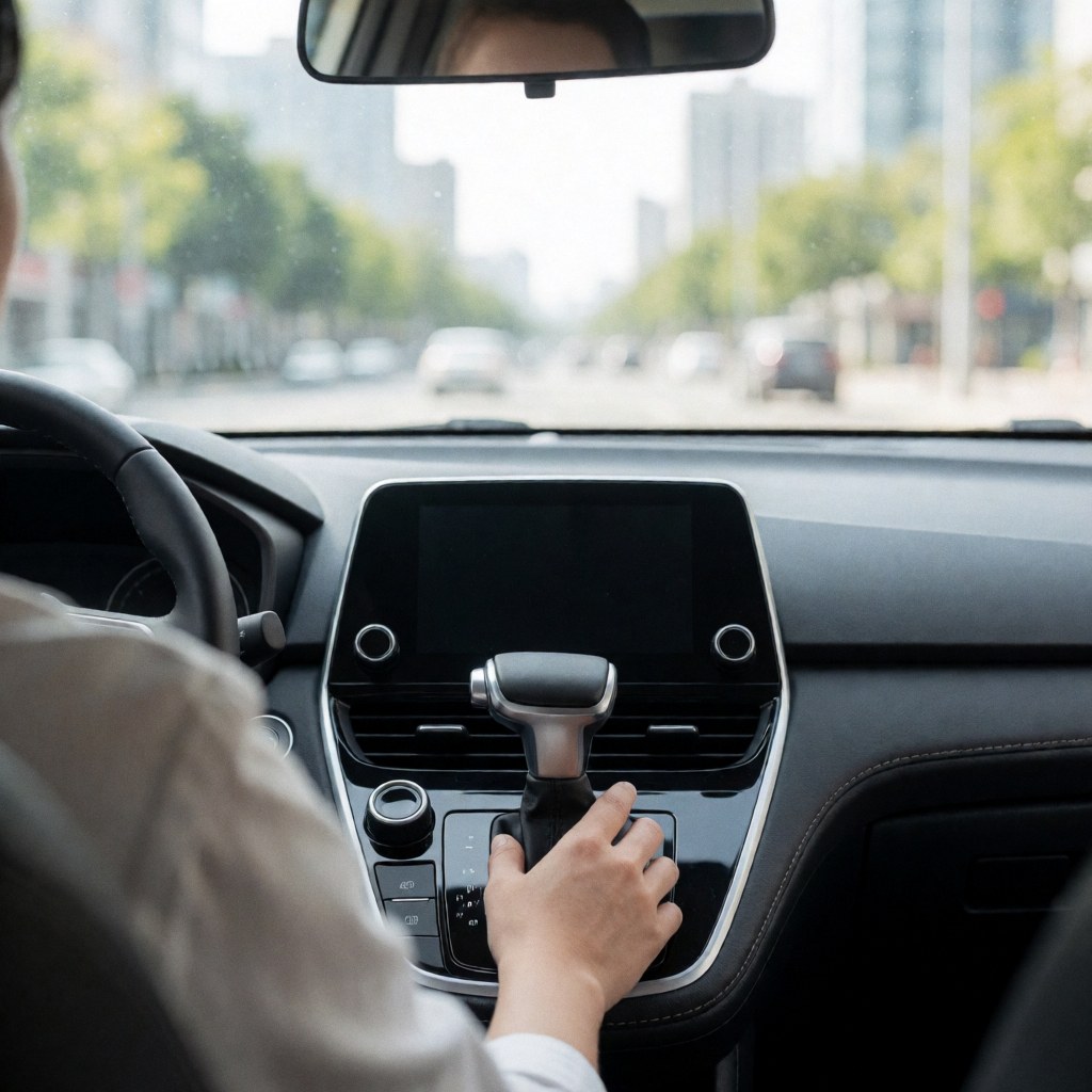 Intérieur d'un véhicule montrant une main sur le levier de vitesse automatique, vue depuis la position du conducteur.