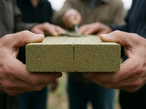 Gros plan montrant la texture et le grain du bois traité, utilisé pour des projets de jardinage et de paysagisme.
