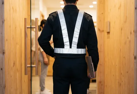 Un agent de sécurité de dos portant un gilet jaune vif tient un carnet près d'une porte en bois dans un cadre professionnel.