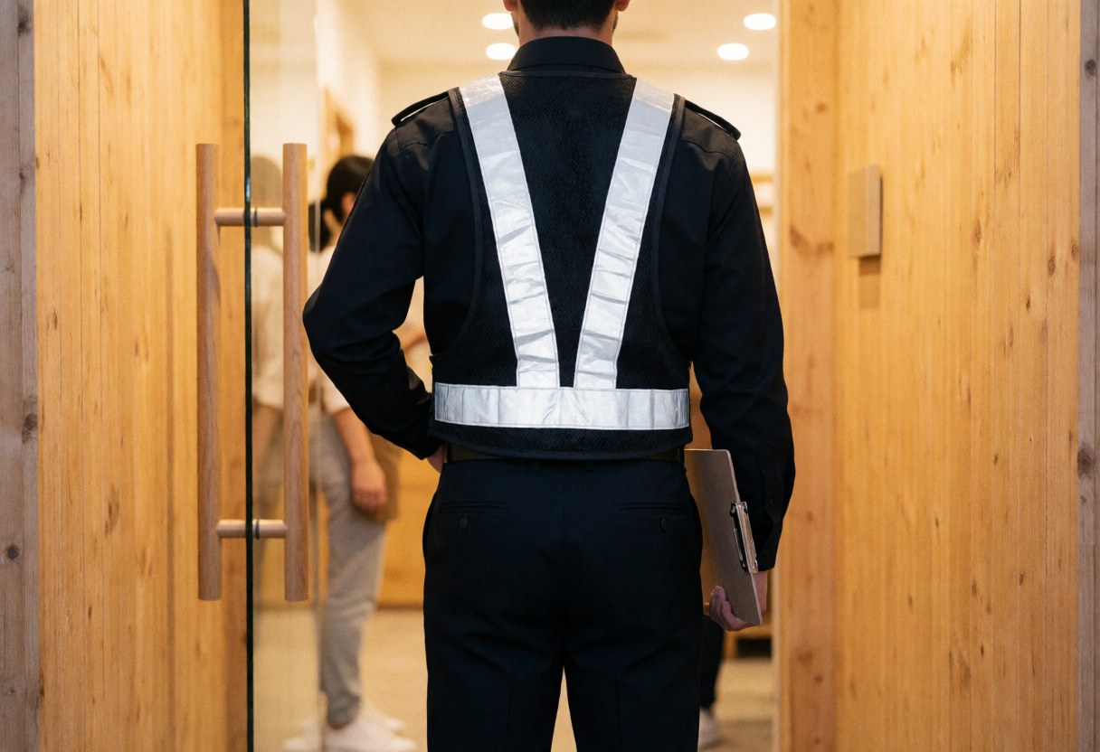 Un agent de sécurité de dos portant un gilet jaune vif tient un carnet près d'une porte en bois dans un cadre professionnel.