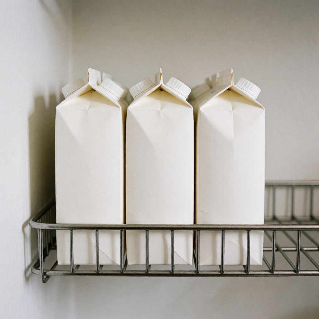 Trois cartons de lait blanc sans marque posés sur une étagère métallique devant un mur blanc avec un éclairage doux, idéal pour un minimarket ou une épicerie.