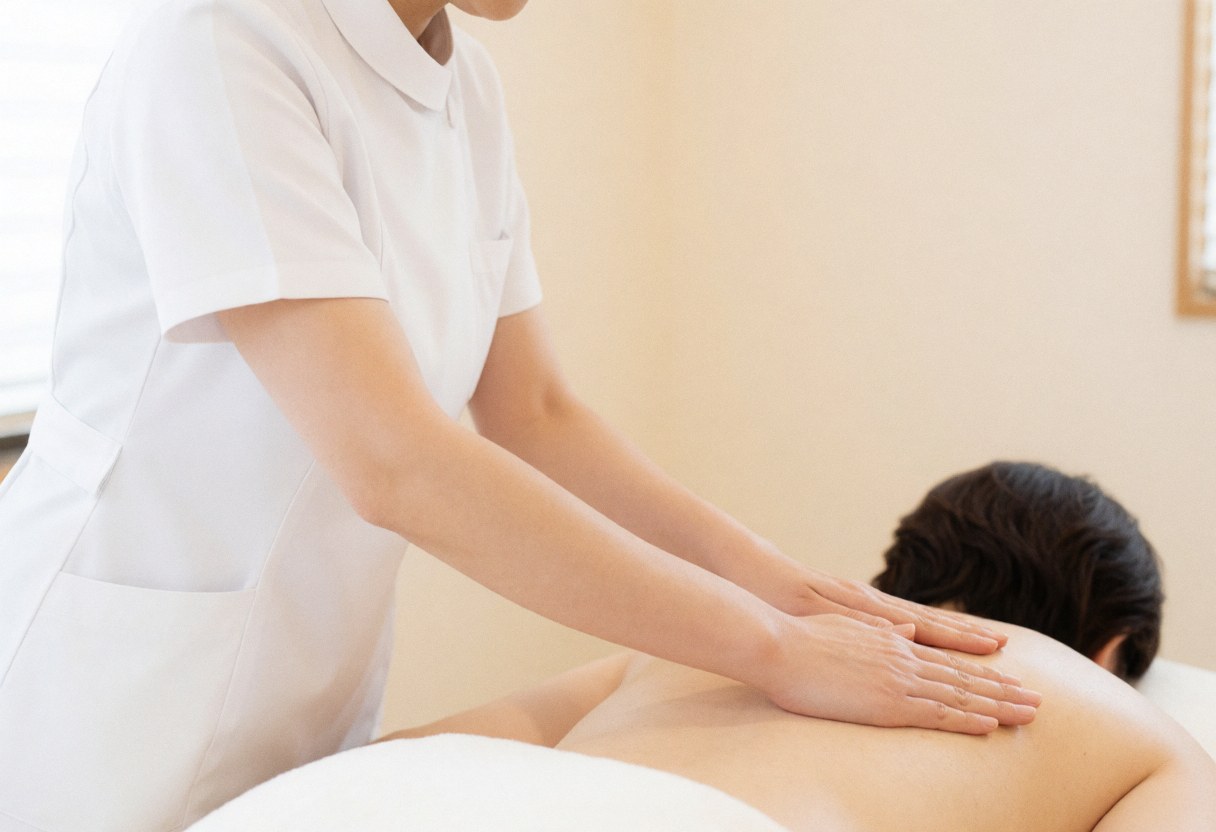 Un thérapeute en uniforme blanc réalise un massage sur le dos d'un client allongé dans un cadre lumineux et apaisant.