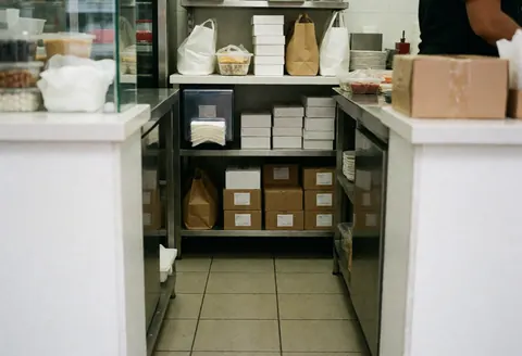 Espace de préparation propre et organisé avec étagères, ustensiles et emballages prêts pour les commandes en restauration rapide.
