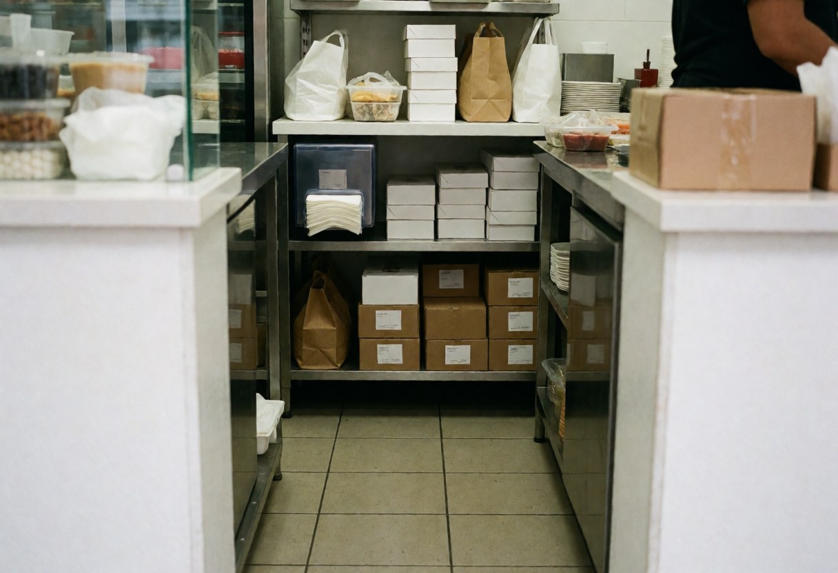 Espace de préparation propre et organisé avec étagères, ustensiles et emballages prêts pour les commandes en restauration rapide.