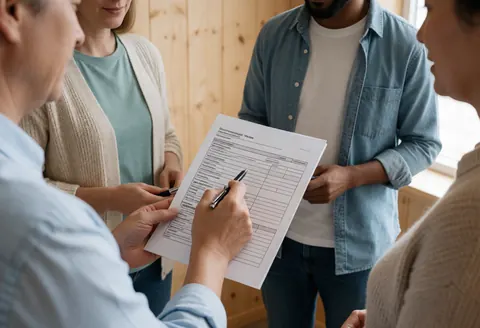 Un professionnel aide des clients à remplir un formulaire officiel. On voit des mains tenant un stylo et du papier sur un bureau en bois dans un cadre réaliste.