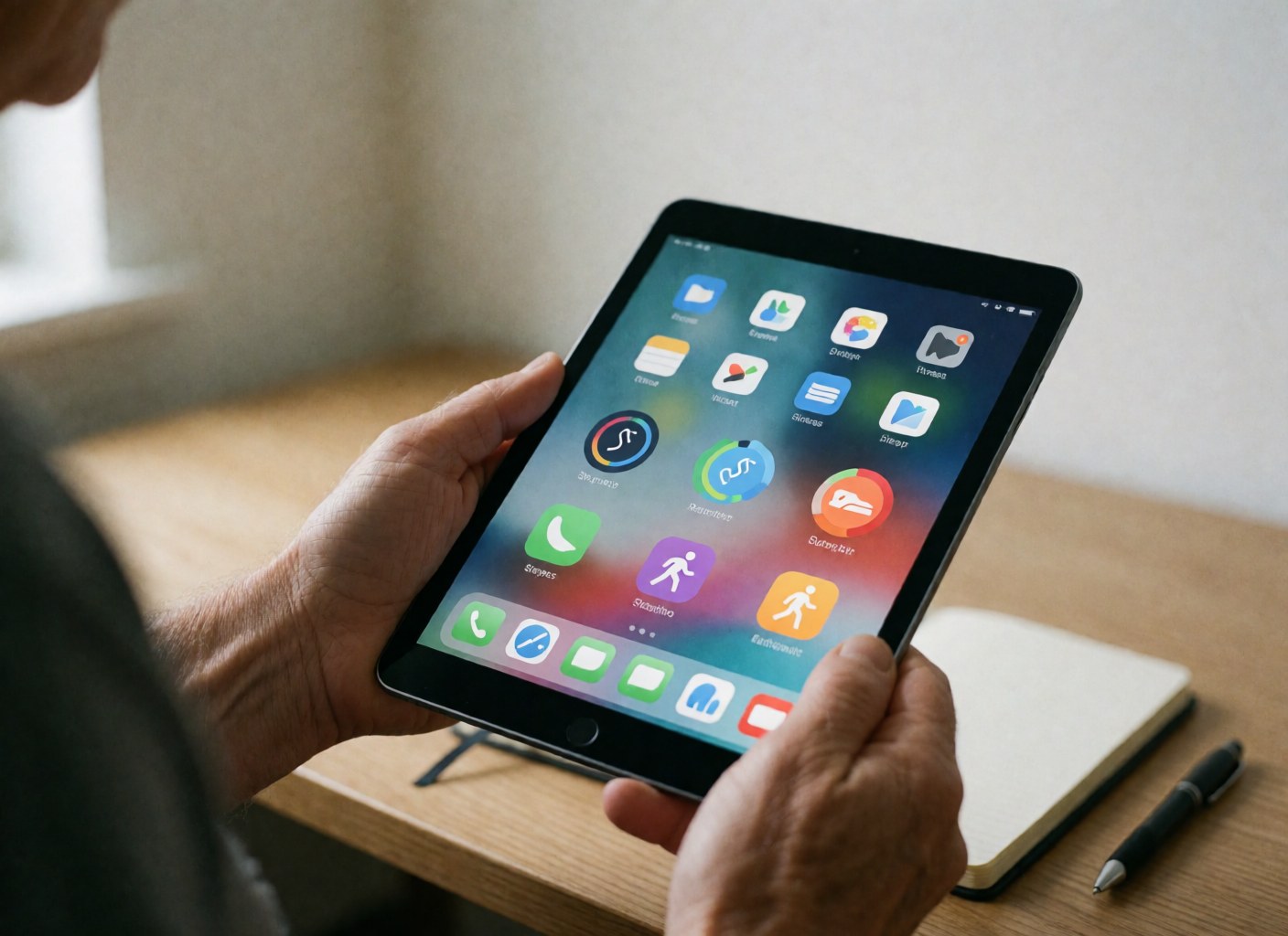 Une personne tient une tablette affichant des applications de santé sur un bureau en bois avec un carnet et un stylo, dans un environnement lumineux et professionnel.
