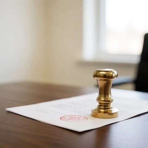 Gros plan d'un sceau notarial en bronze posé sur un document légal, éclairé par la lumière naturelle venant d'une fenêtre.