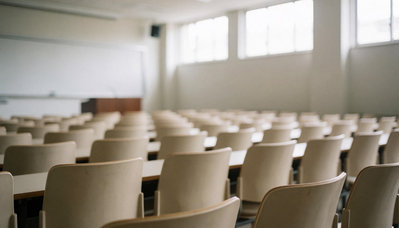 Vue d'une salle de cours déserte comportant des chaises beige alignées, un tableau noir et un pupitre, éclairée par la lumière naturelle entrant par les fenêtres.