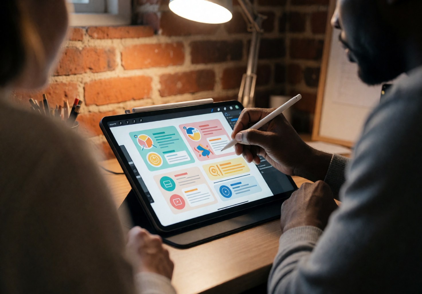 Un designer crée des infographies éducatives sur une tablette avec un stylet dans un bureau à mur de briques, tandis qu'un spectateur observe le travail.