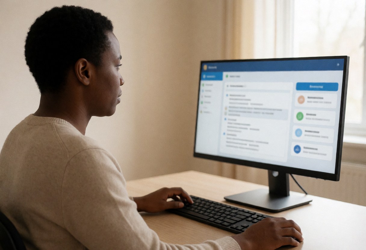 Une personne concentrée utilise un ordinateur portable affichant une interface d'apprentissage en ligne dans un bureau lumineux et ordonné.