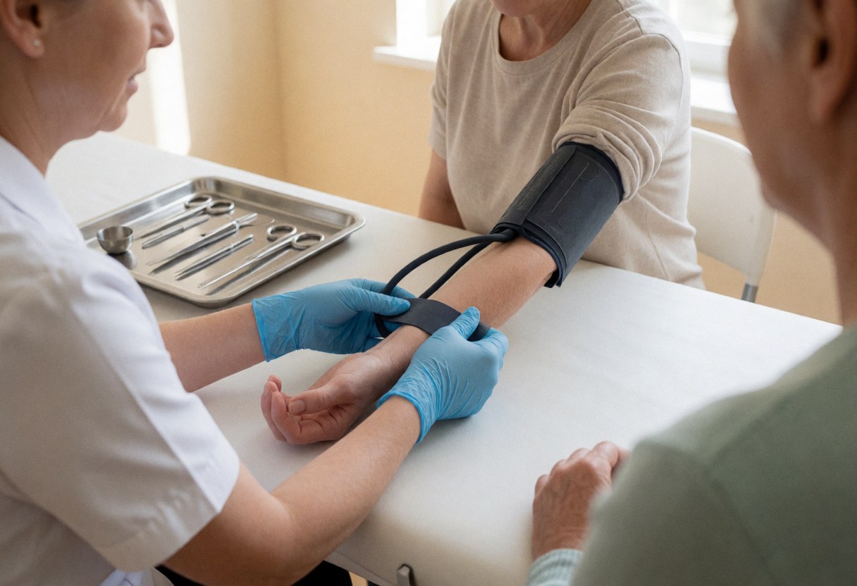 Une infirmière ajuste un brassard sur le bras d'une patiente assise. Une table avec des instruments médicaux est visible en arrière-plan dans un cadre clinique.