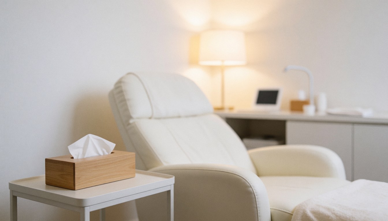 Espace minimaliste lumineux avec chaise longue, table en bois et mouchoirs sur fond blanc, idéal pour ajouter du texte dans un contexte esthétique.