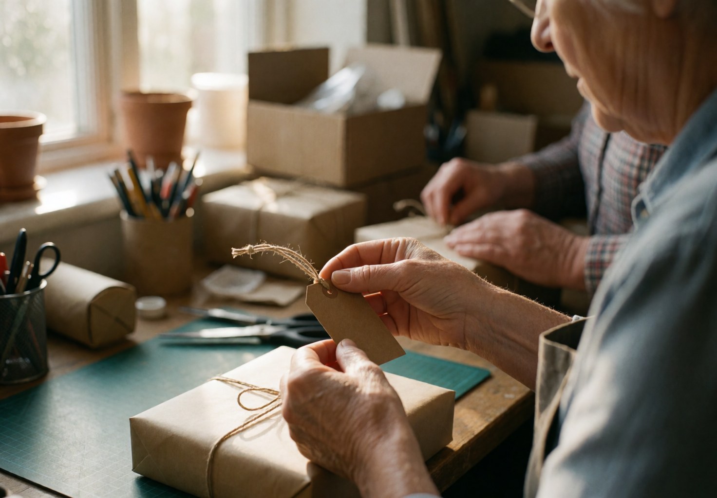 Employé d'un magasin en ligne applique une étiquette kraft attachée avec de la ficelle sur un paquet posé sur une table près d'une fenêtre.