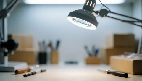 Surface de travail d'opticien équipée d'outils, d'une lampe loupe et de boîtes sur un fond flou blanc adapté à l'ajout de texte concernant les services optiques.