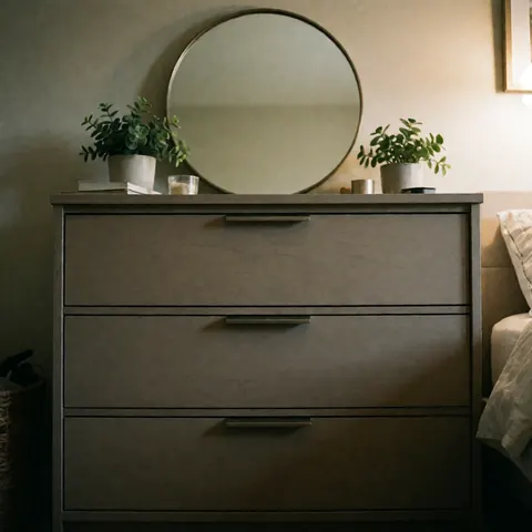 Commode en bois avec trois tiroirs, miroir rond et plantes vertes sur le dessus, éclairage chaleureux dans une chambre.
