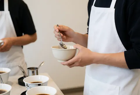 Un barista prépare du café en versant le liquide dans une tasse blanche à l'aide d'une cuillère, entouré d'autres tasses et ustensiles.