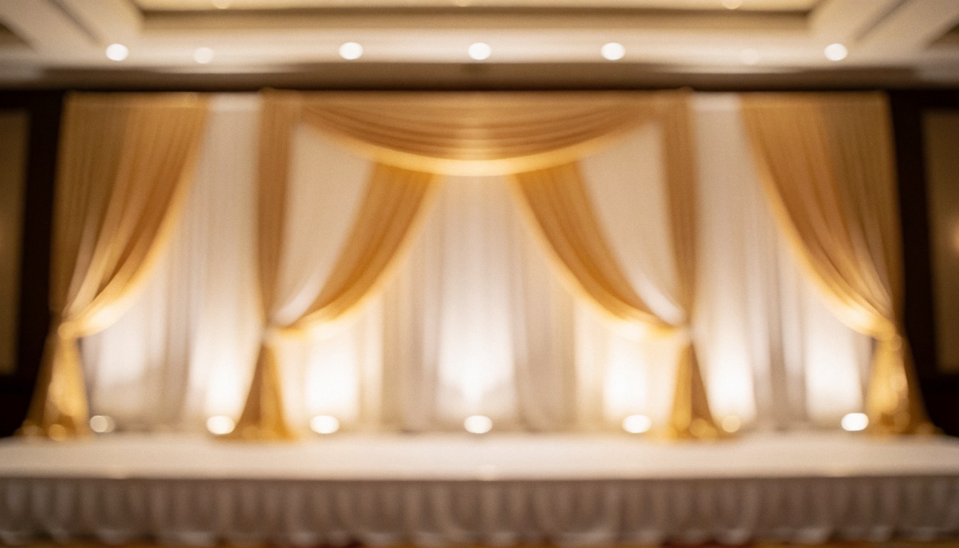 Scène d'événement ornée de rideaux dorés et blancs, éclairage chaleureux et fond doux idéal pour texte promotionnel.
