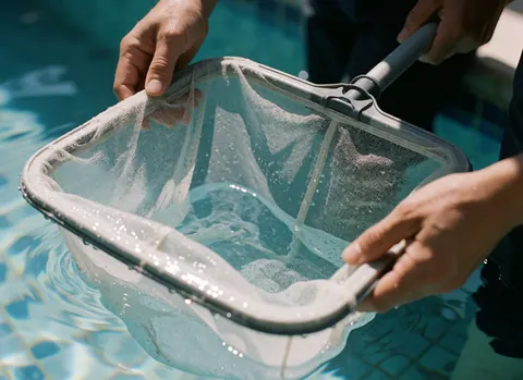 Vue rapprochée d'une épuisette à mailles fines en train de nettoyer l'eau d'une piscine extérieure aux carreaux bleus sous la lumière du soleil.
